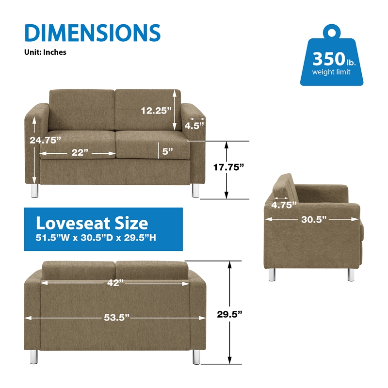 Pacific Loveseat In Taupe Fabric with Chrome Finished Legs
