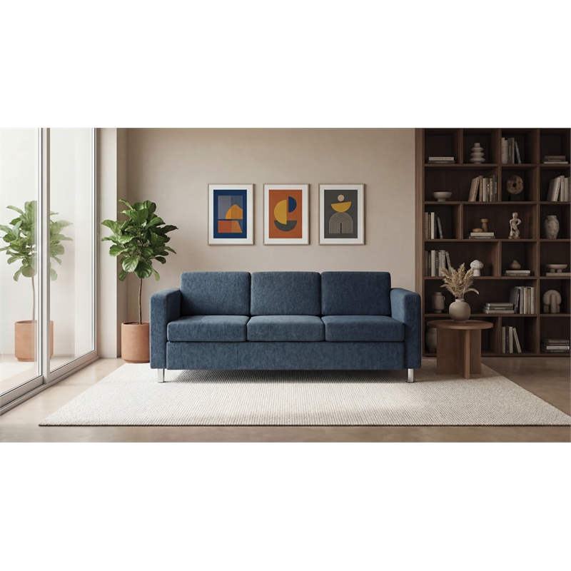 Pacific Sofa in Navy Fabric with Chrome Finish Legs