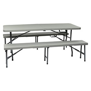 3 piece light gray folding table and bench set