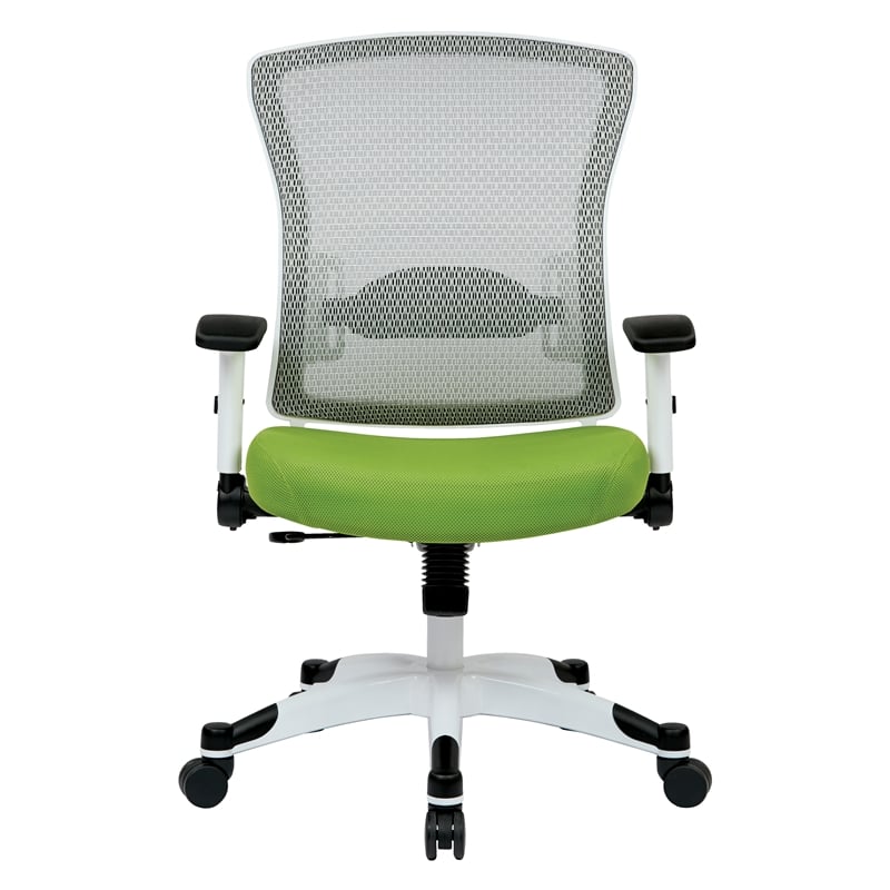 SPACE White Frame Managers Green Chair  Padded Mesh Seat and Back with Flip Arms