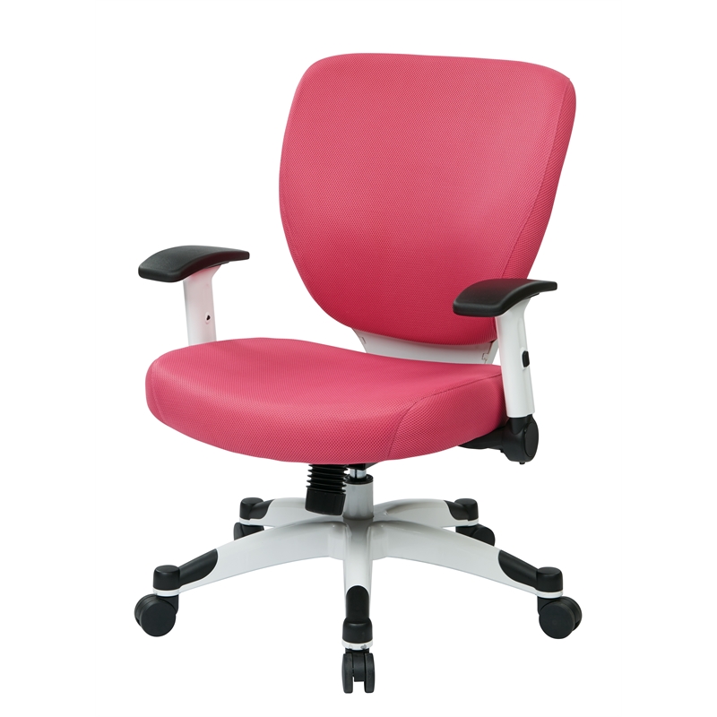 White Frame Pink Managers Chair with Mesh Fabric Seat and Back with Flip Arms