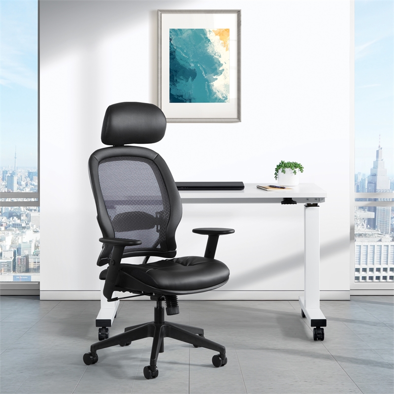Professional Air Grid Black Chair with Bonded Leather Seat  Adjustable Headrest