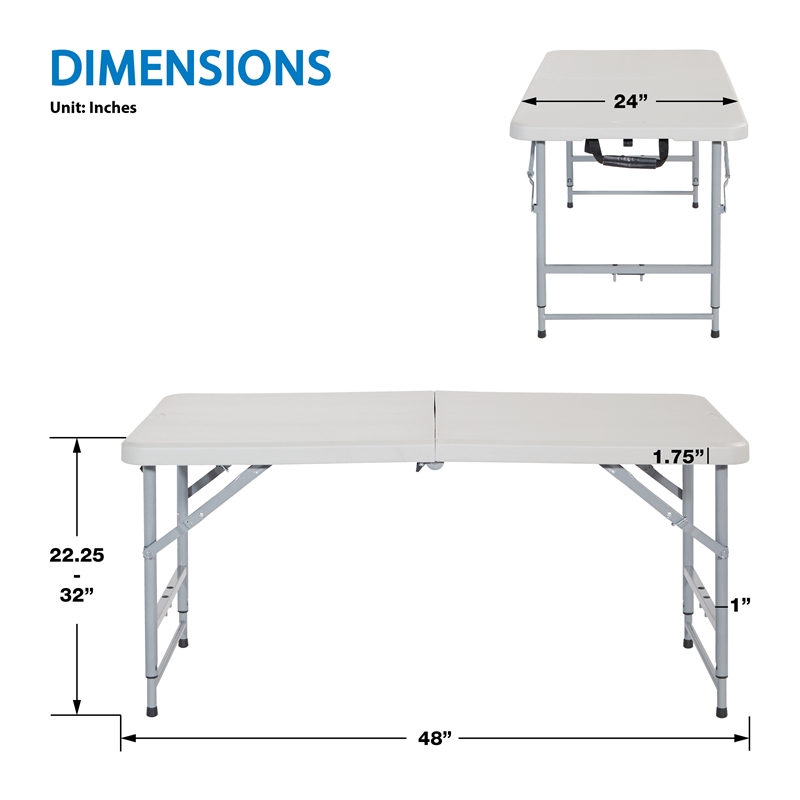 4' Long- Height Adjustable Fold in Half Resin Multi Purpose Table in Light Gray
