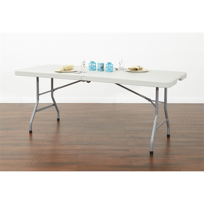 5 foot Light Gray Resin Multi Purpose Center Fold Table with Wheels