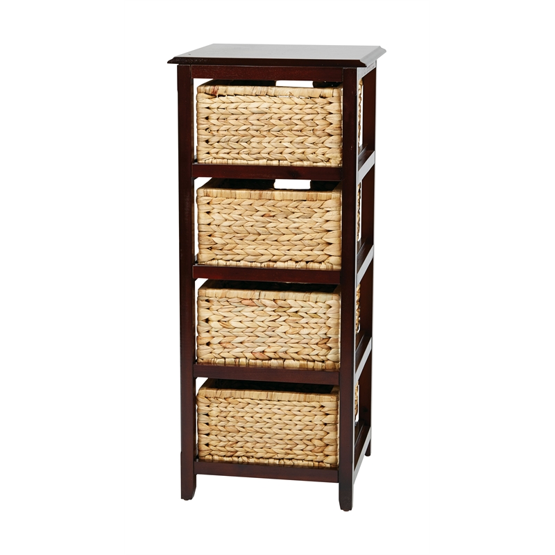 Seabrook Four-Tier Storage Unit With Espresso Solid Wood and Natural Baskets