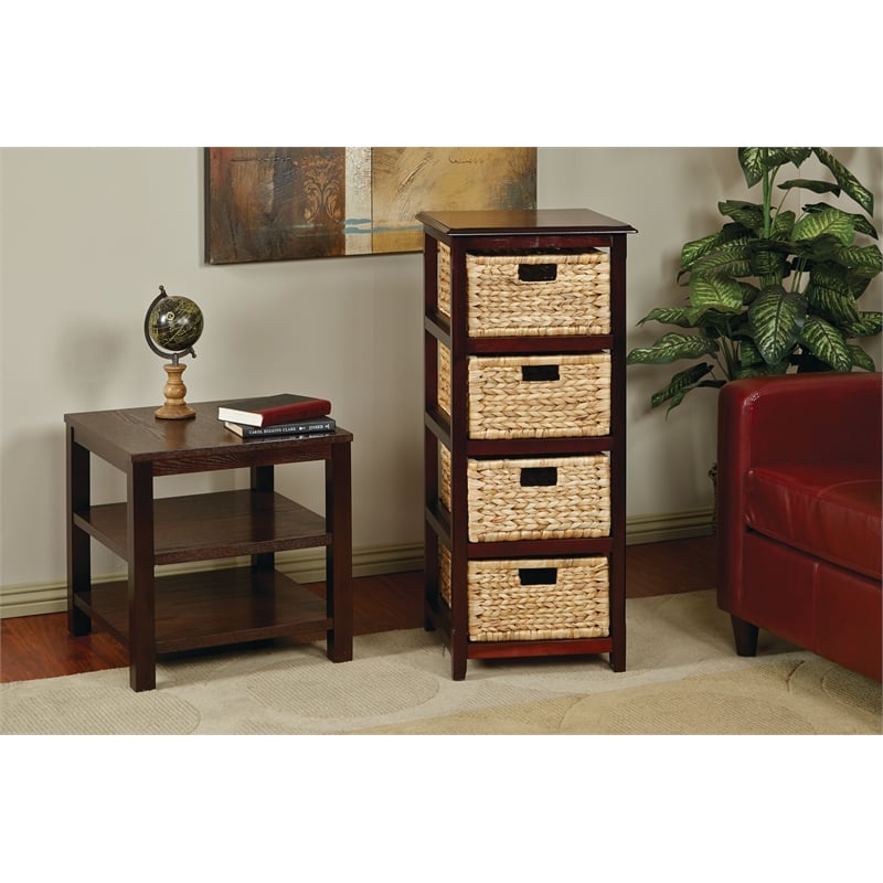 Seabrook Four-Tier Storage Unit With Espresso Solid Wood and Natural Baskets