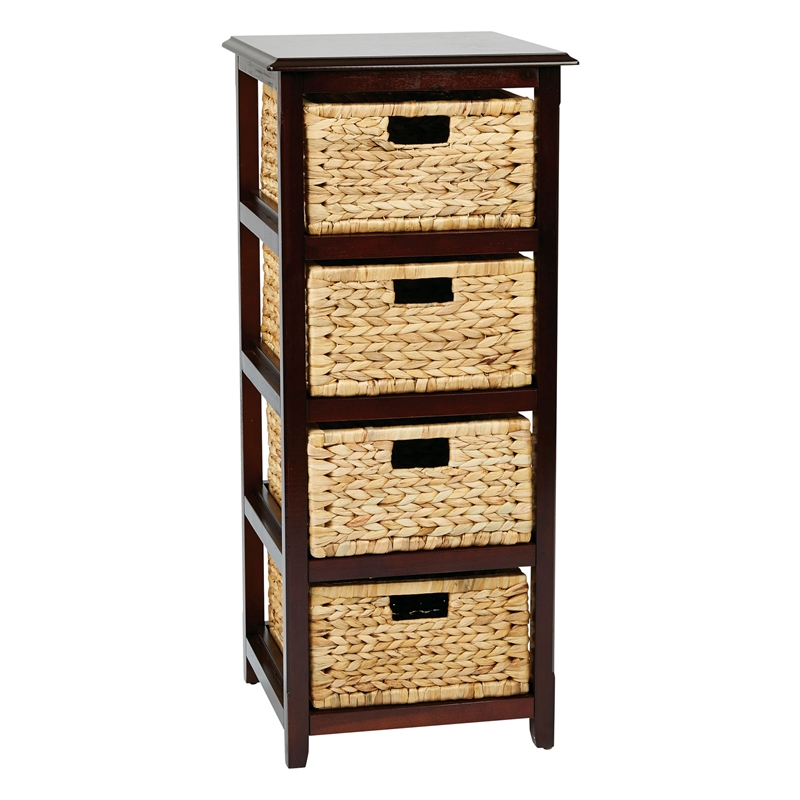 Seabrook Four-Tier Storage Unit With Espresso Solid Wood and Natural Baskets