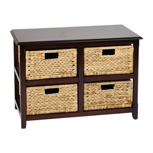 seabrook two-tier storage unit with espresso wood finish and natural baskets