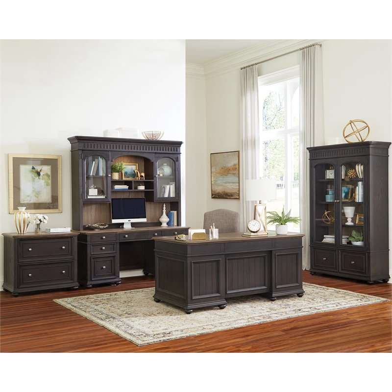 Riverside Furniture Regency Wood Executive Desk in Antique Oak and Matte Black