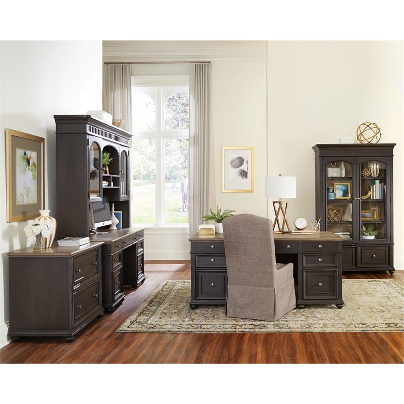 Riverside Furniture Regency Wood Executive Desk in Antique Oak and Matte Black