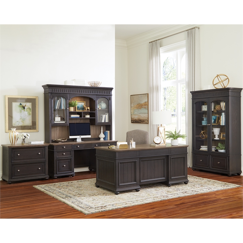 Riverside Furniture Regency Wood Credenza Desk in Antique Oak and Matte Black