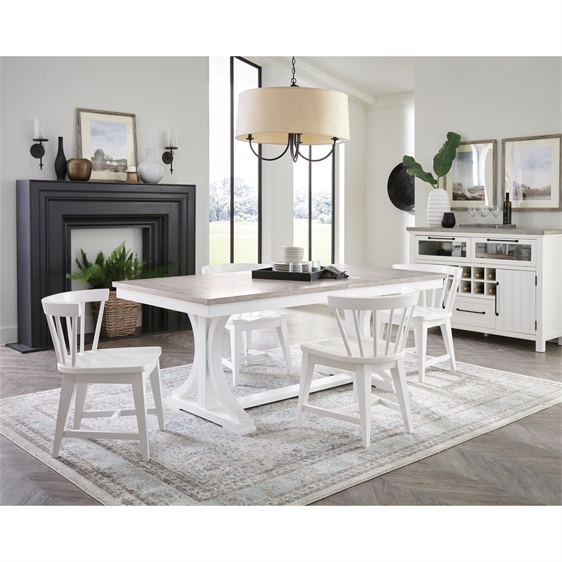 Riverside Furniture Cora Wood Trestle Dining Table in Cloud White and Fog Gray