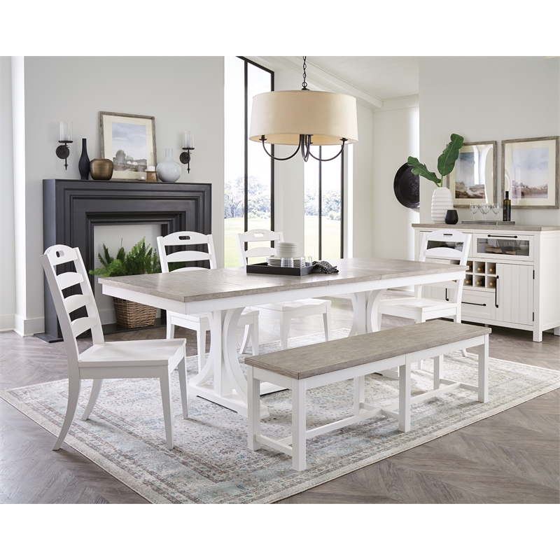 Riverside Furniture Cora Wood Trestle Dining Table in Cloud White and Fog Gray