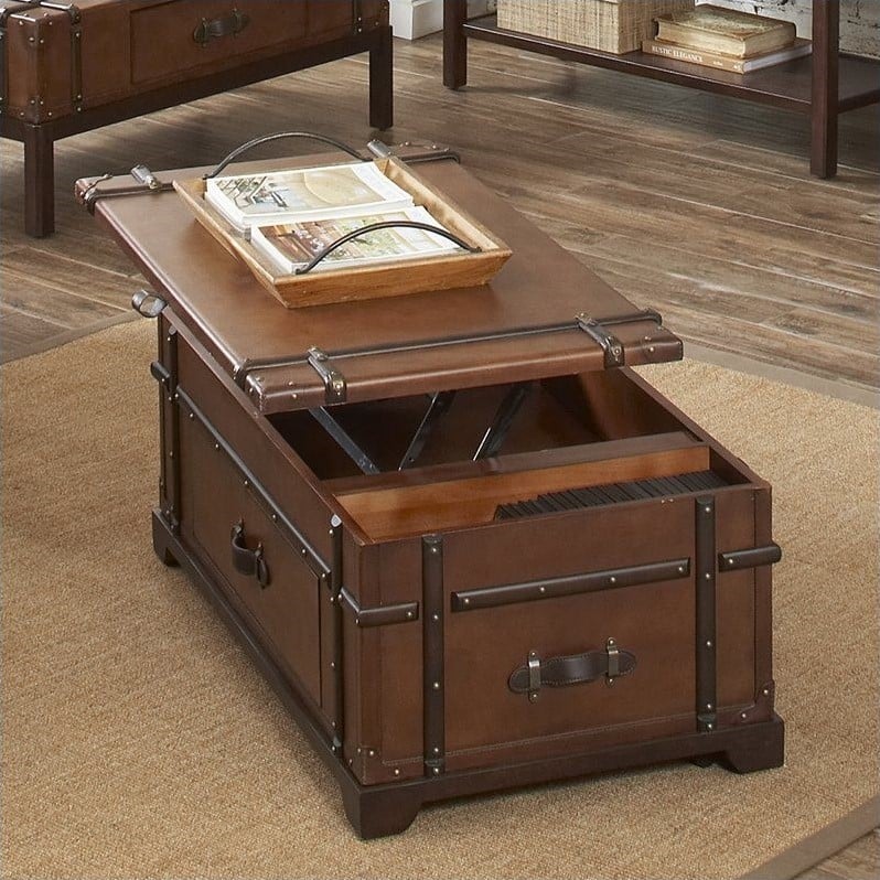 Riverside Furniture Latitudes Steamer Trunk Lift Top Tail Table Riverside Furniture Latitudes Steamer Trunk Lift Top Tail Table In Aged Cognac Wood