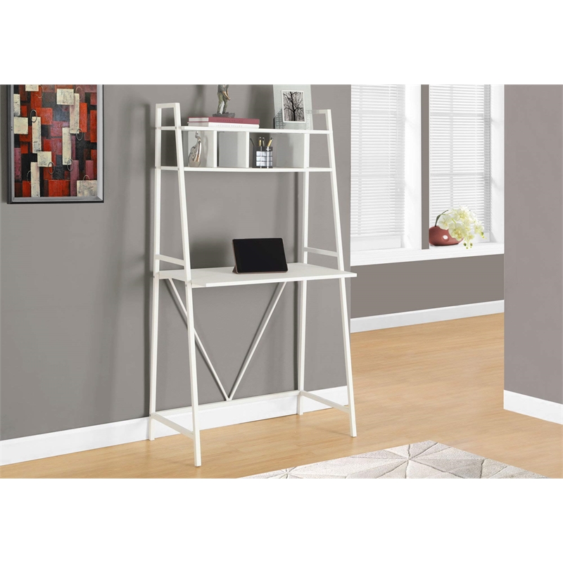 Computer Desk Home Office Laptop Leaning Storage Shelves Work Metal White