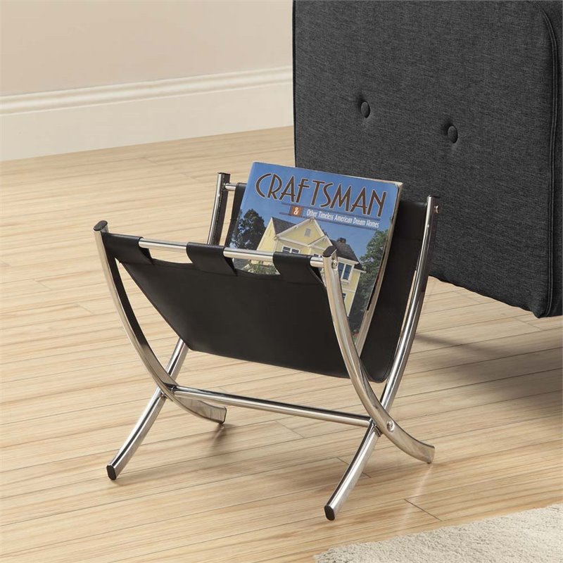 Monarch Faux Leather Magazine Rack in Black and Chrome