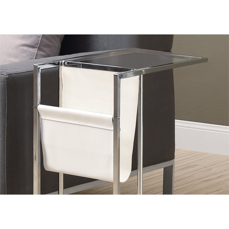 Monarch Glass Top Side Table with Magazine Rack in White and Chrome