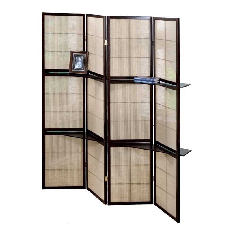 4 Panel Room Divider with Display Shelves in Cappuccino I 4624
