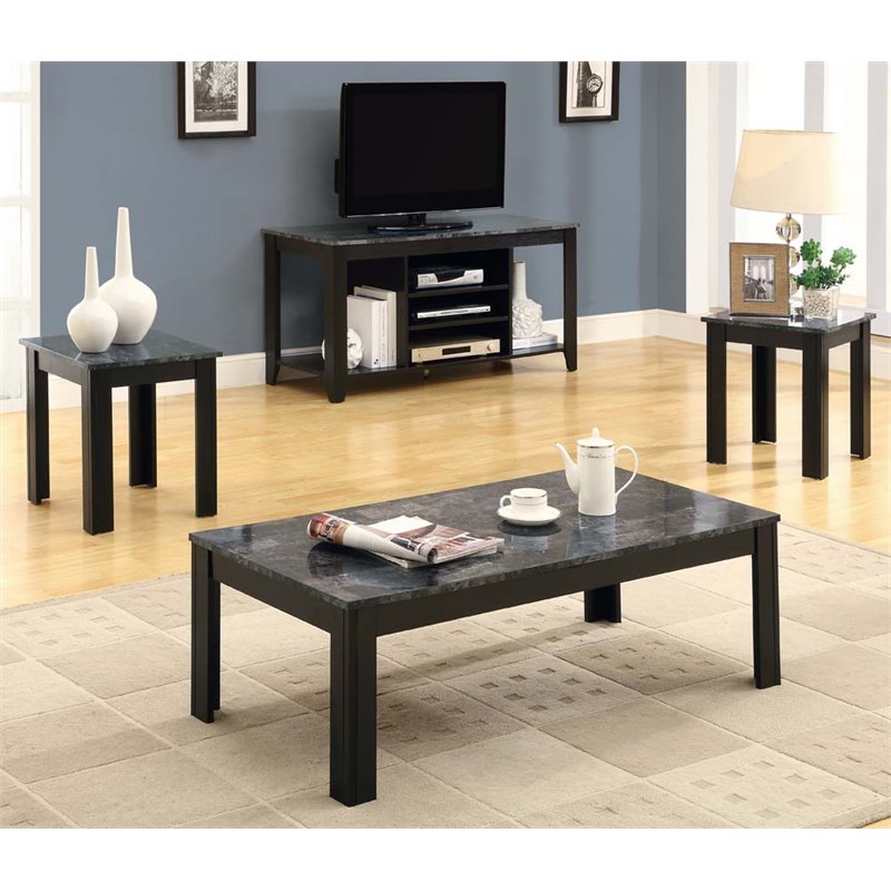 3 Piece Faux Marble Top Coffee Table Set In Black And Gray