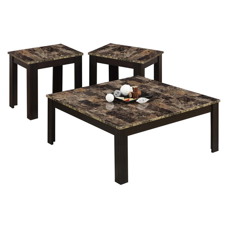 3 Piece Faux Marble Top Coffee Table Set in Cappuccino - I ...