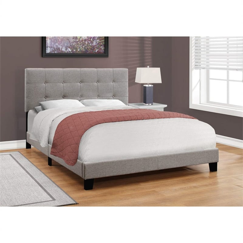 Bed Queen Size Platform Bedroom Frame Upholstered Linen Look Grey
