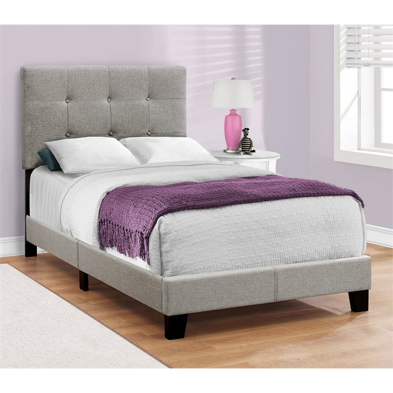 Bed Twin Size Platform Teen Frame Upholstered Linen Look Wood Legs Grey