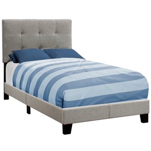 Bed Twin Size Platform Teen Frame Upholstered Linen Look Wood Legs Grey