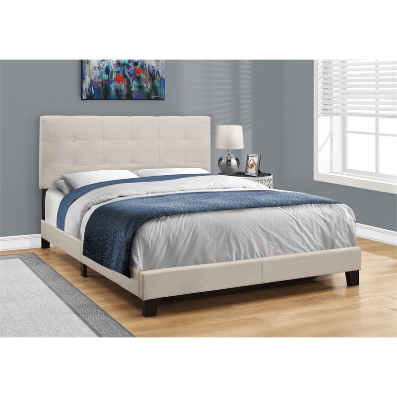 Bed Queen Size Platform Bedroom Frame Upholstered Linen Look Beige Black