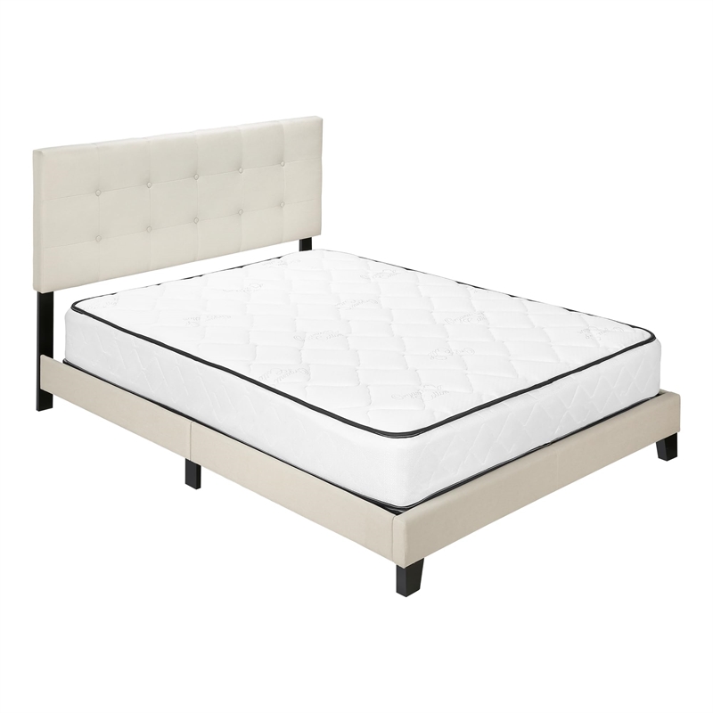 Bed Queen Size Platform Bedroom Frame Upholstered Linen Look Beige Black