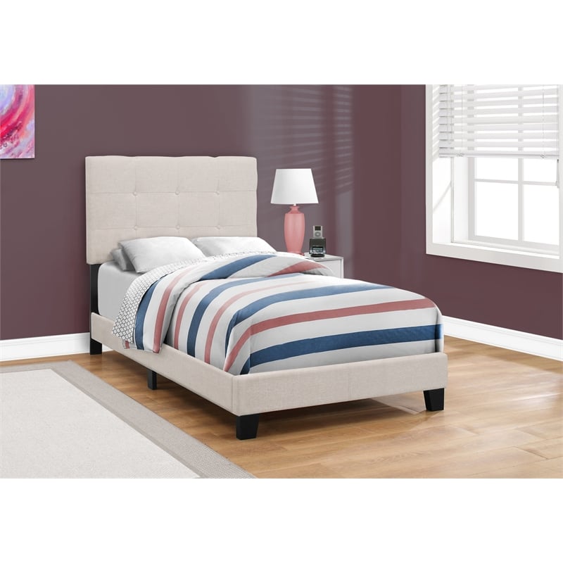 Bed Twin Size Platform Teen Frame Upholstered Linen Look Beige Black