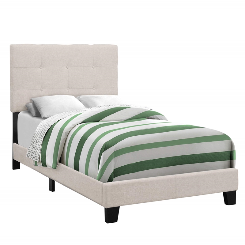 Bed Twin Size Platform Teen Frame Upholstered Linen Look Beige Black
