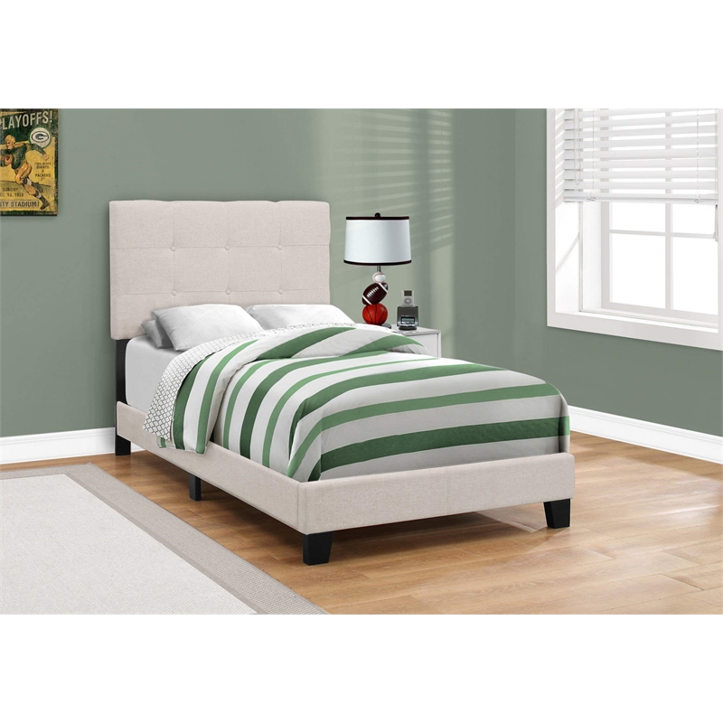 Bed Twin Size Platform Teen Frame Upholstered Linen Look Beige Black