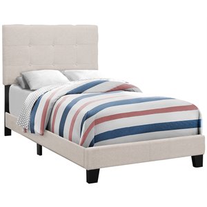 Bed Twin Size Platform Teen Frame Upholstered Linen Look Beige Black