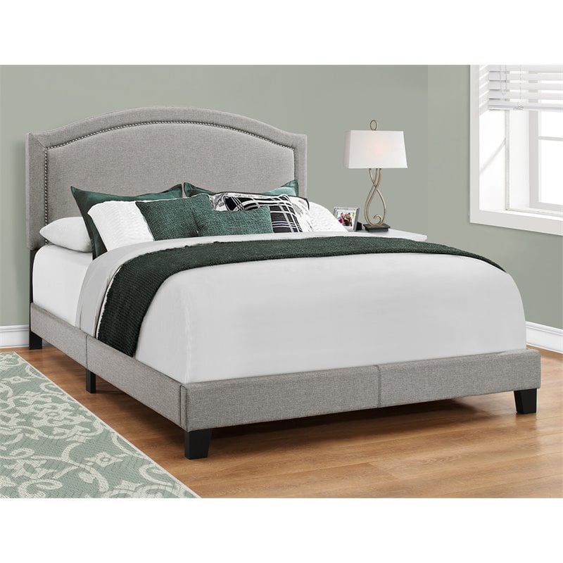 Bed Queen Size Platform Bedroom Frame Upholstered Linen Look Grey Chrome