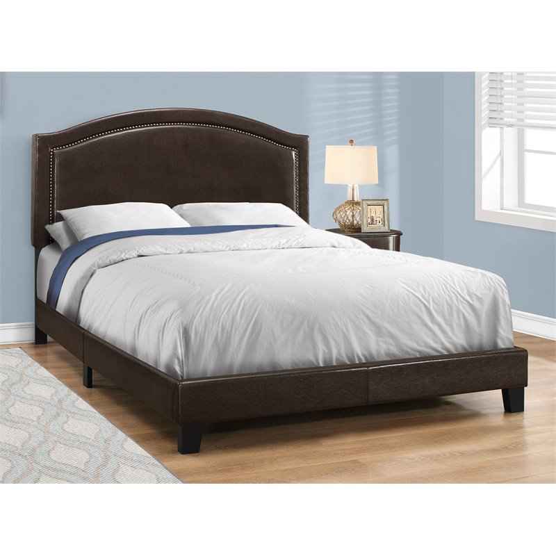 Bed Queen Size Platform Bedroom Frame Upholstered Pu Leather Look Brown