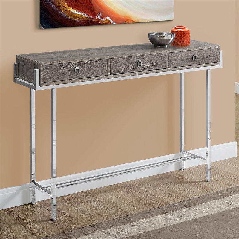 Monarch 3 Drawer Accent Console Table in Dark Taupe and Chrome 