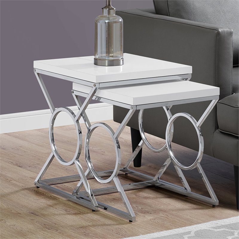 Nesting Table Set Of 2 Side End Accent Bedroom Metal Glossy White