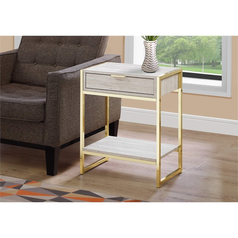 Accent Table Side End Nightstand Lamp Bedroom Metal Beige Marble Look