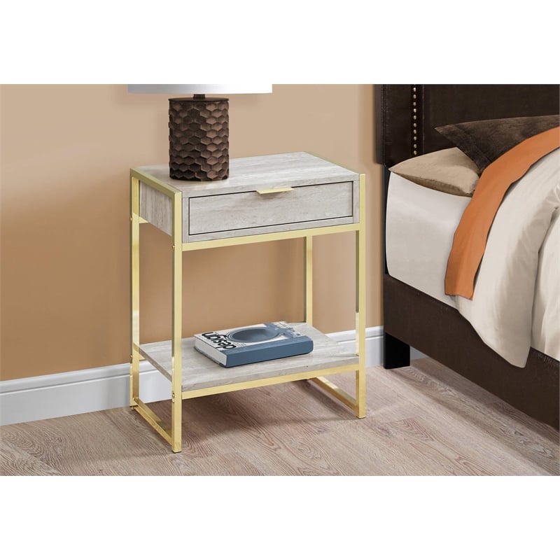 Accent Table Side End Nightstand Lamp Bedroom Metal Beige Marble Look