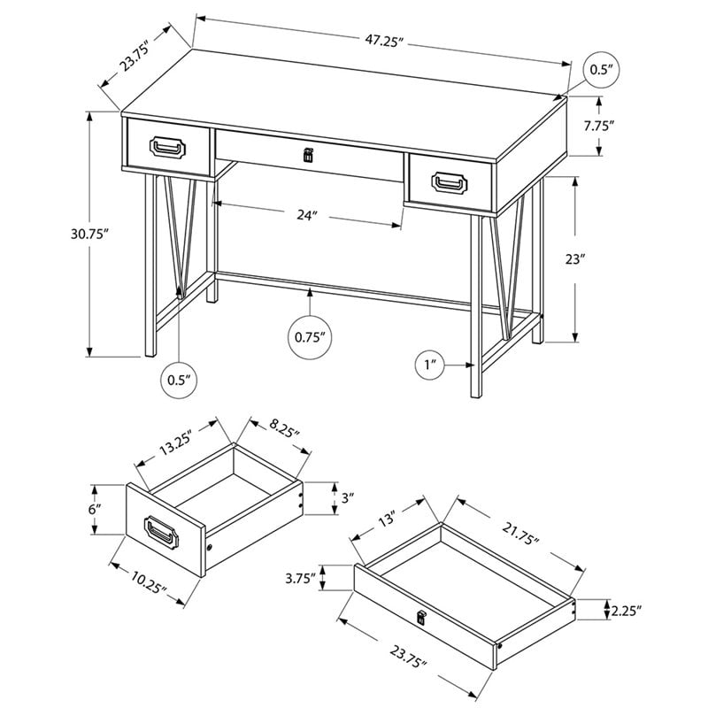 Computer Desk Home Office Laptop Storage Drawers 48