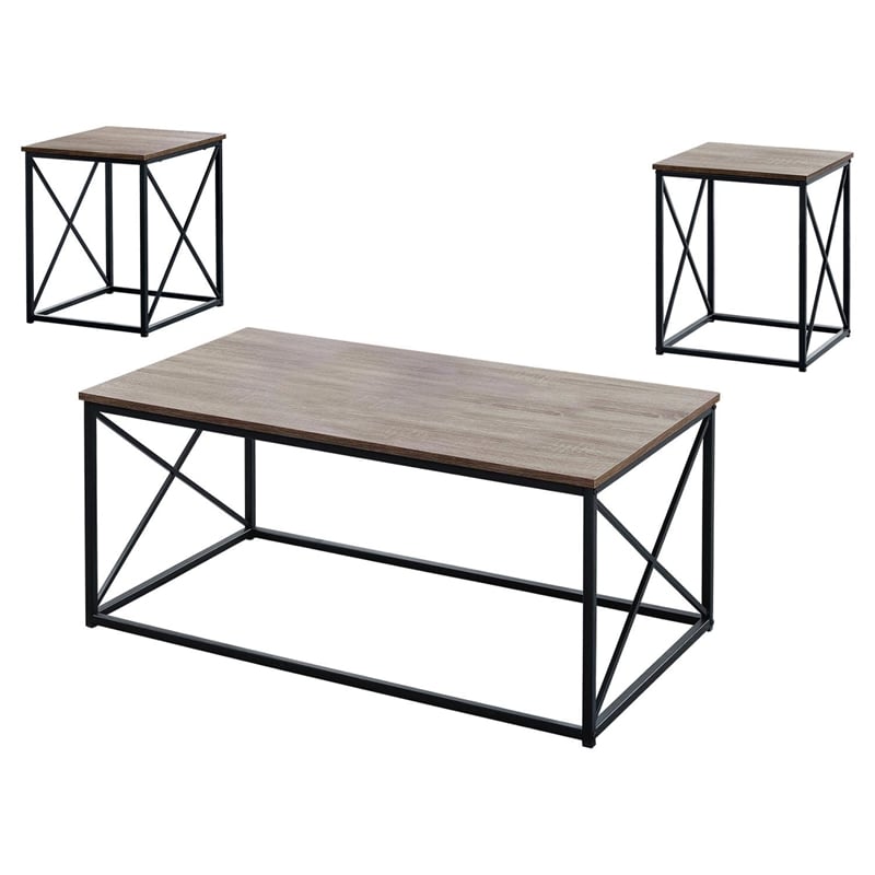 Table Set 3pcs Set Coffee End Side Accent Living Room Metal Brown Black
