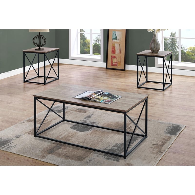 Table Set 3pcs Set Coffee End Side Accent Living Room Metal Brown Black