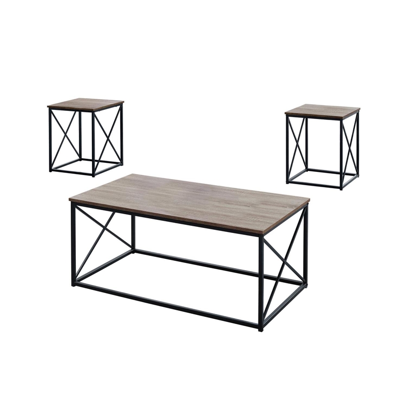 Table Set 3pcs Set Coffee End Side Accent Living Room Metal Brown Black