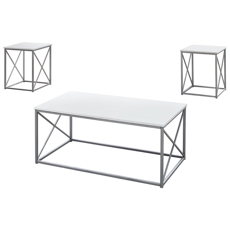 Monarch 3 Piece Coffee Table Set In White And Silver Monarch 3 Piece Coffee Table Set In White And Silver