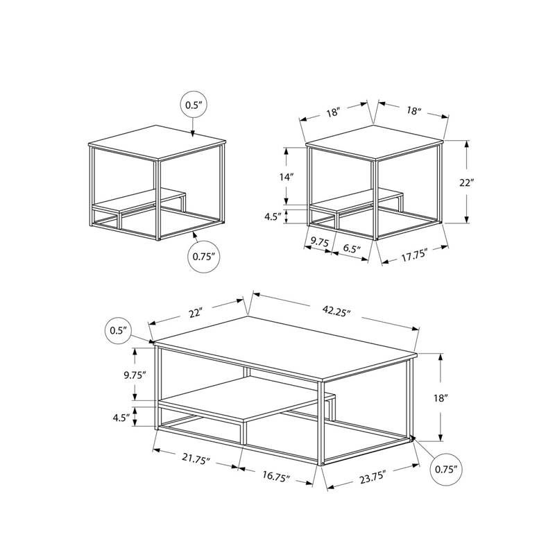 Table Set 3pcs Set Coffee End Side Accent Living Room Metal White Grey