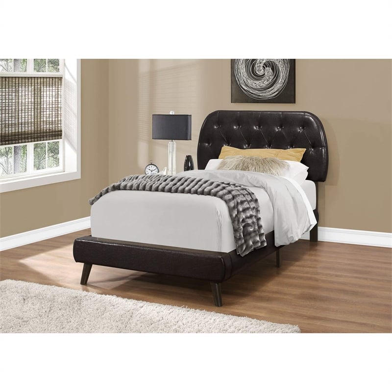 Bed Twin Size Platform Teen Frame Upholstered Pu Leather Look Brown