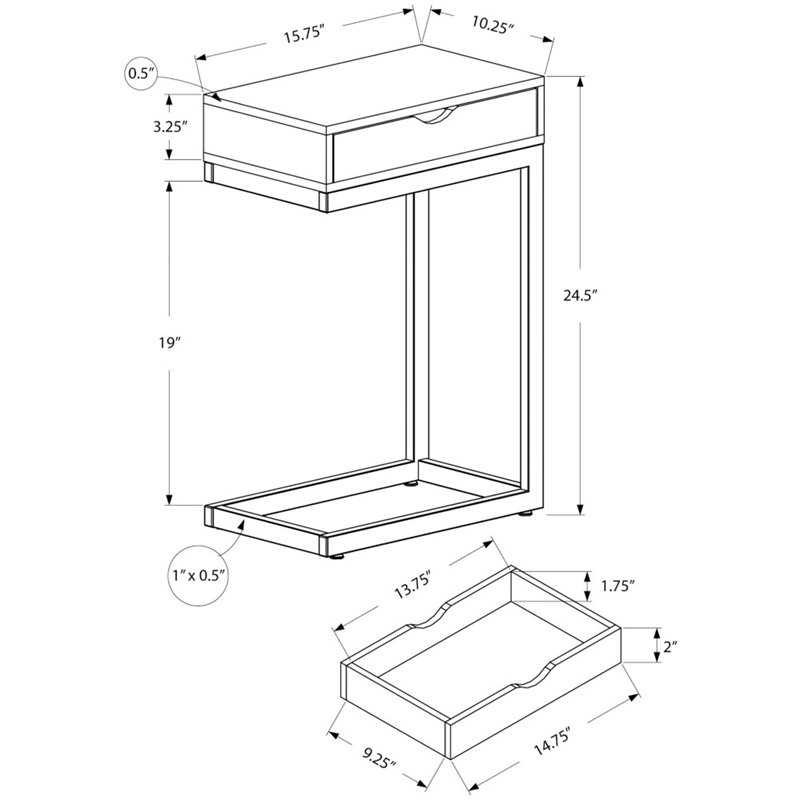 Accent Table C-shaped End Side Snack Living Room Bedroom Metal Grey