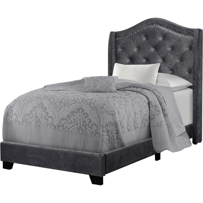 Monarch Velvet Tufted Chrome Nailhead Trim Twin Arched Panel Bed in