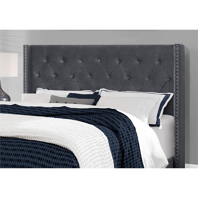 Bed Queen Size Platform Bedroom Frame Upholstered Velvet Grey Chrome