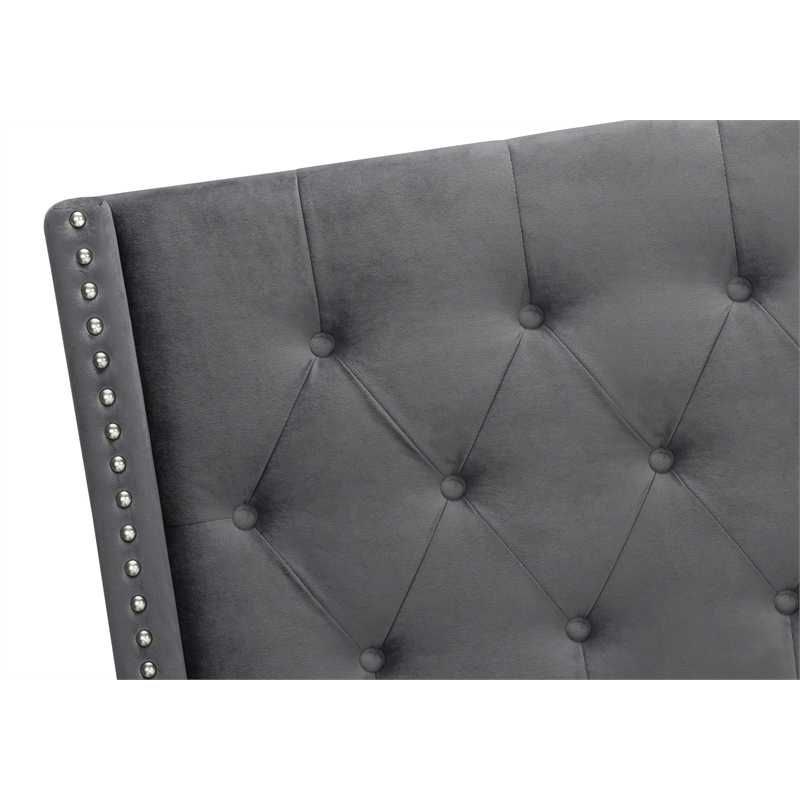 Bed Queen Size Platform Bedroom Frame Upholstered Velvet Grey Chrome